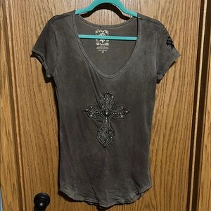 Velvet Stone Gray Fitted Short Sleeve T-shirt with Embellished Design